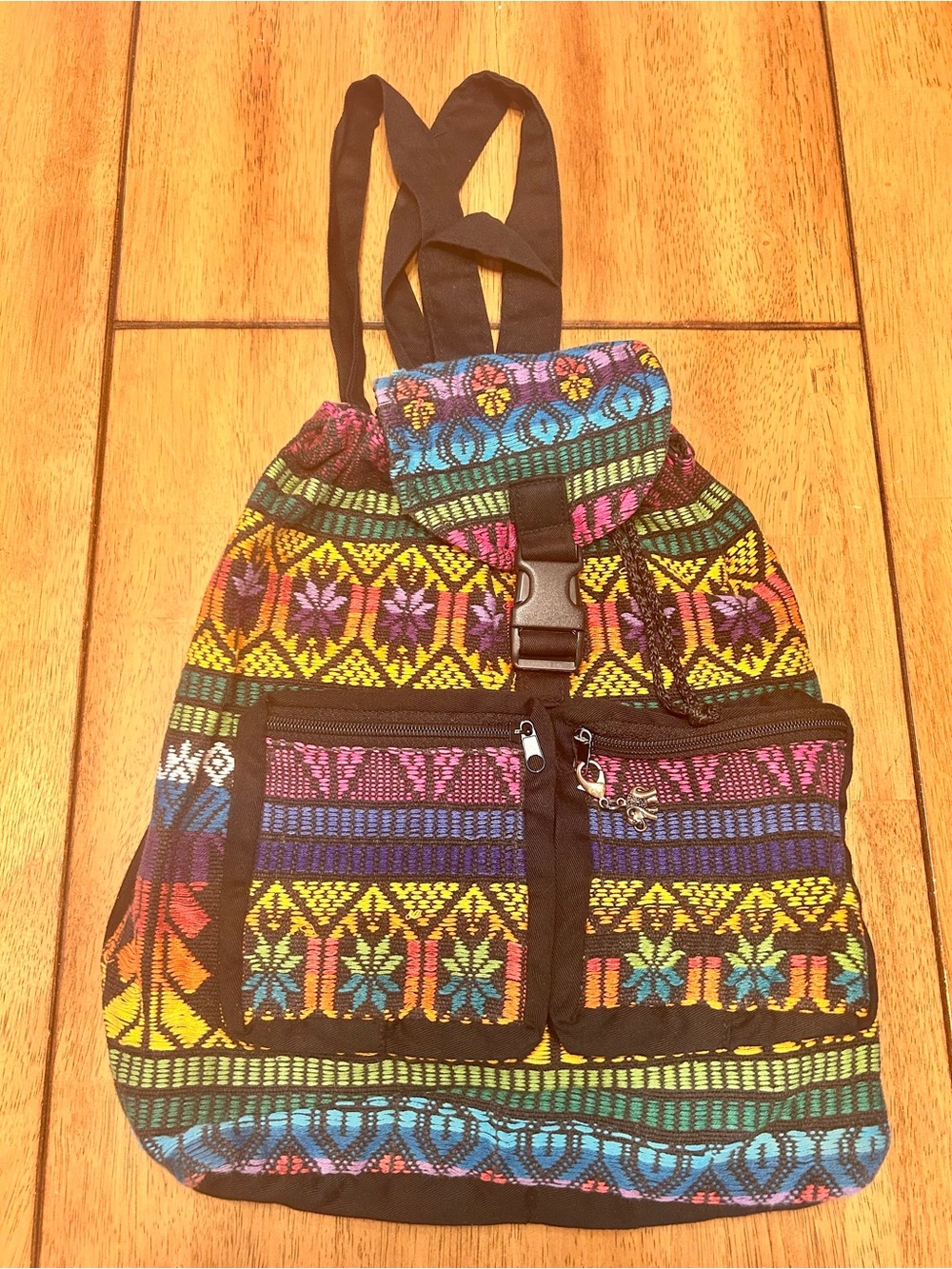 Multicolor Ethnic Pattern Drawstring Backpack - Guatemala. 100% Cotton